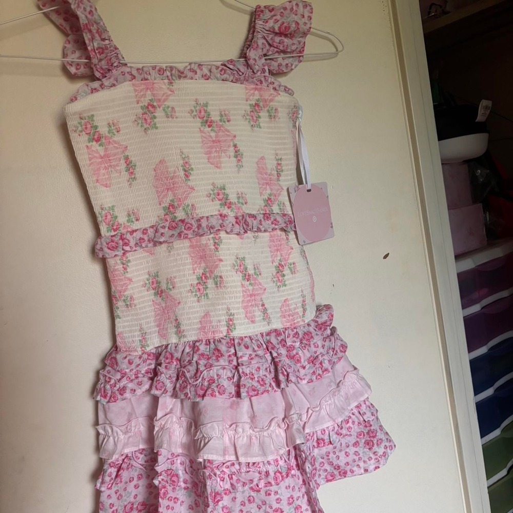 Loveshackfancy Rosa beaux pink floral dress with ruffles, size 7